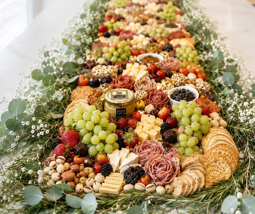 Long A La Cart grazing table with meats, cheeses, fruit, crackers, and greenery