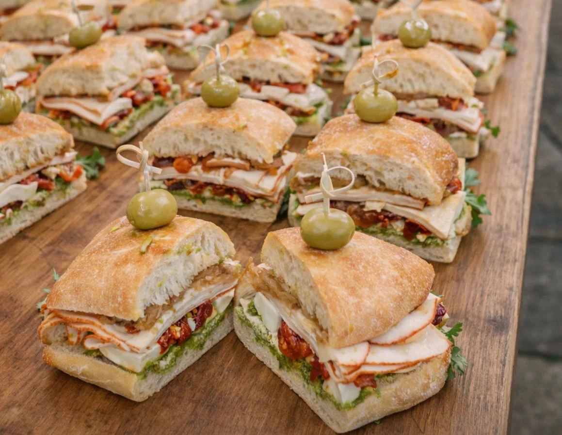 A La Cart sandwiches with olives arranged on a wooden board